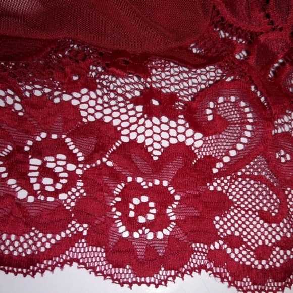 Wine Red Sheer Mesh Lace Halter Lace Up Bodysuit - Picture 5 of 6